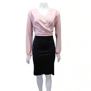 Grace Karin Long  Sleeve Pink Black Midi Dress Size Large